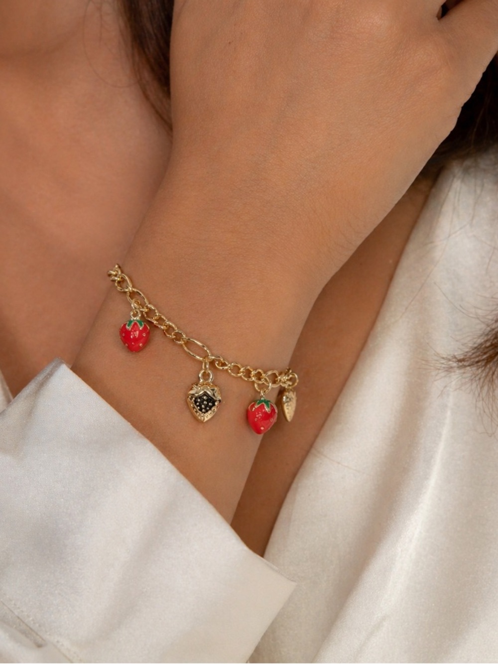 Gold Plated Charm Bracelet with Red Strawberry Charms